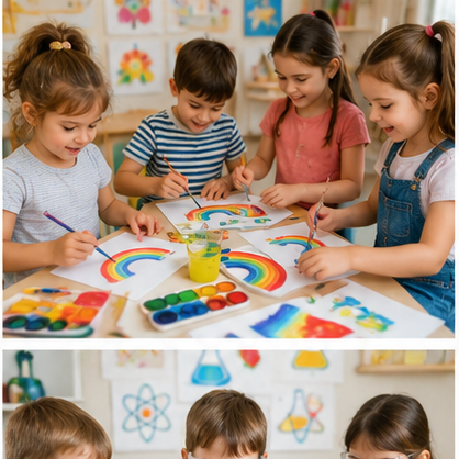Copii pictând la cursurile de artă ale Academiei Viitorilor Exploratori